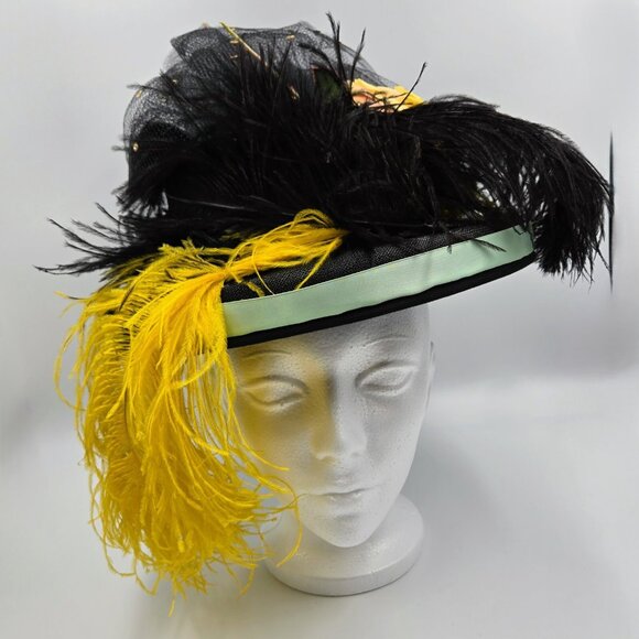Vintage Hat With Feathers And Flowers Black Yellow Costume Halloween Fancy Read - Picture 2 of 11
